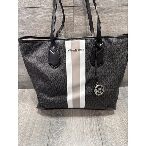 Michael Kors Eva Large Logo Stripe Tote Bag in Black White - Picture 14 of 16